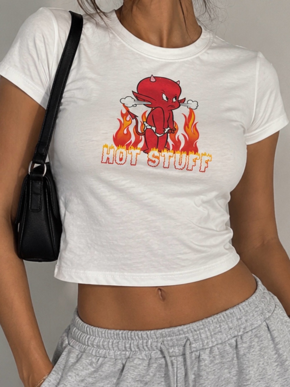 Hot Stuff Little Devil Y2K White Fitted Baby Tee Shirt Crop Top Size Medium